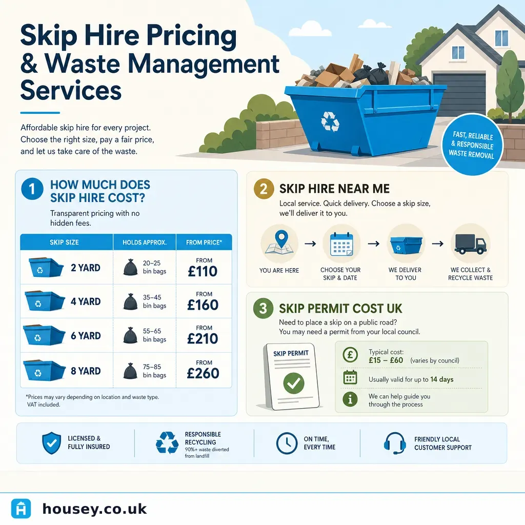 Infographic illustrating: Skip Hire Pricing and Waste Management Services