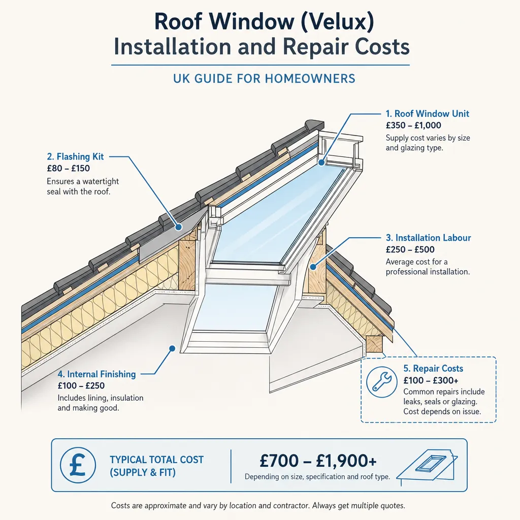 Diagram illustrating: Roof Window (Velux) Installation and Repair Costs