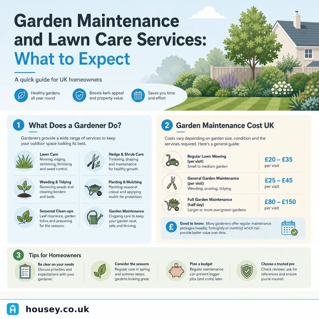 Infographic illustrating: Garden Maintenance and Lawn Care Services: What to Expect