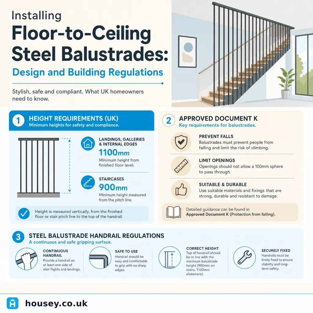 Infographic illustrating: Installing Floor-to-Ceiling Steel Balustrades: Design and Building Regulations