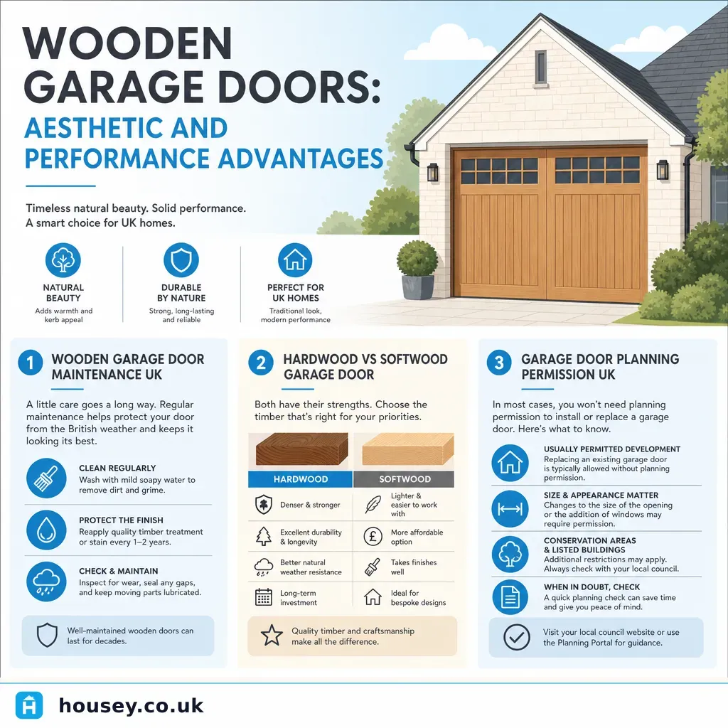 Infographic illustrating: Wooden Garage Doors: Aesthetic and Performance Advantages