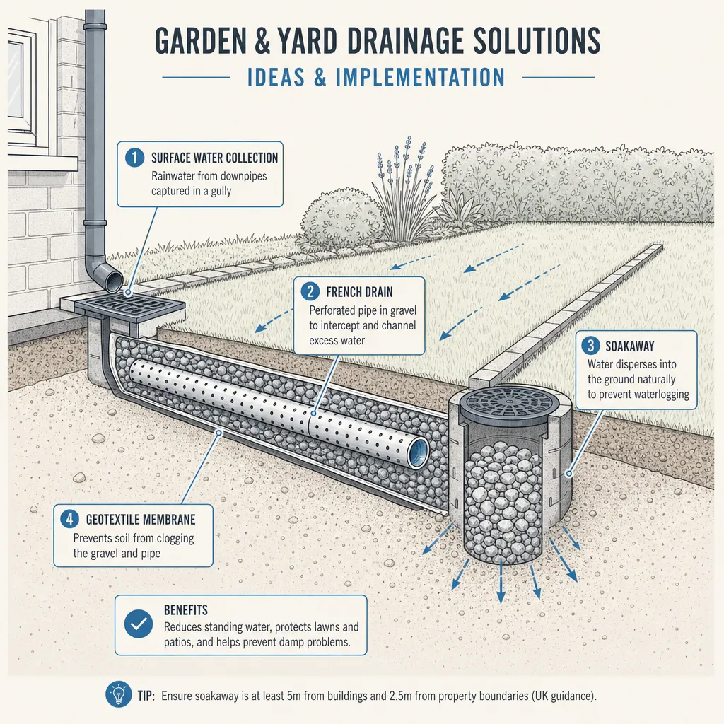 Diagram illustrating: Garden and yard drainage solutions: ideas and implementation