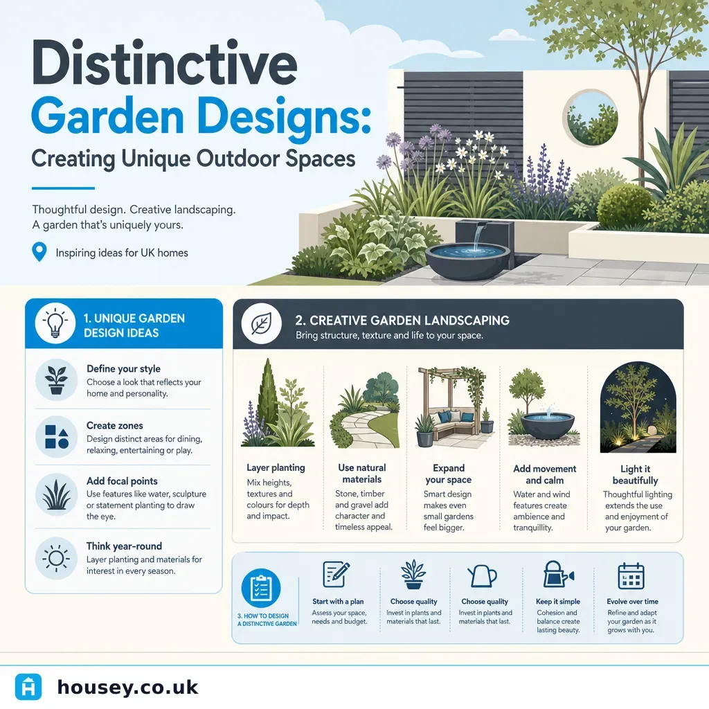 Infographic illustrating: Distinctive Garden Designs: Creating Unique Outdoor Spaces