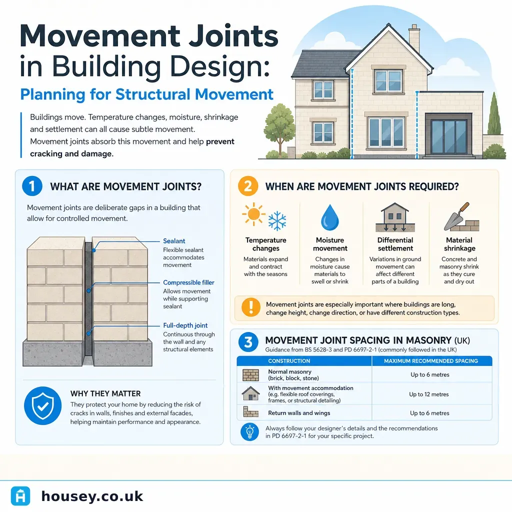 Infographic illustrating: Movement Joints in Building Design: Planning for Structural Movement