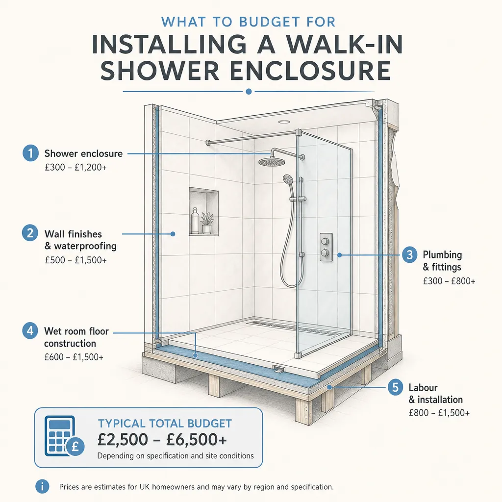 Diagram illustrating: What to Budget for Installing a Walk-In Shower Enclosure