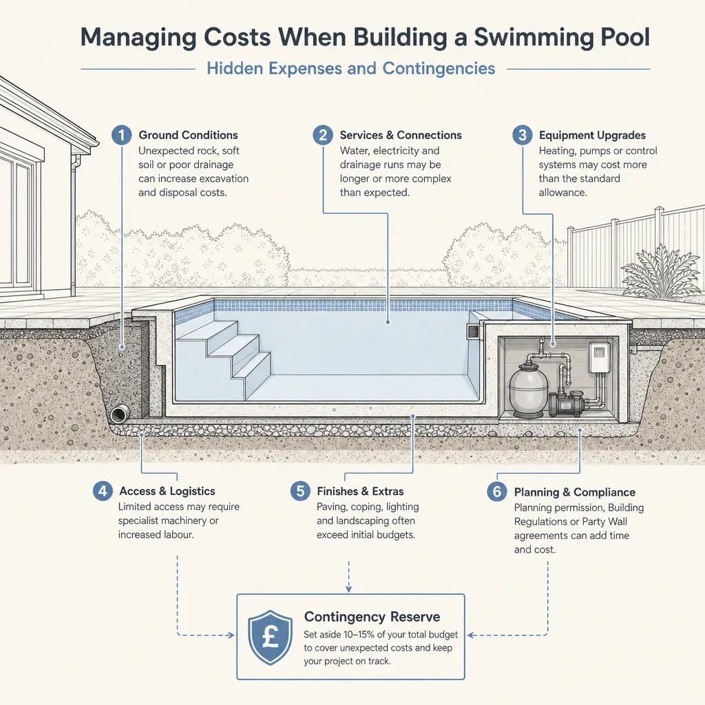 Diagram illustrating: Managing Costs When Building a Swimming Pool: Hidden Expenses and Contingencies