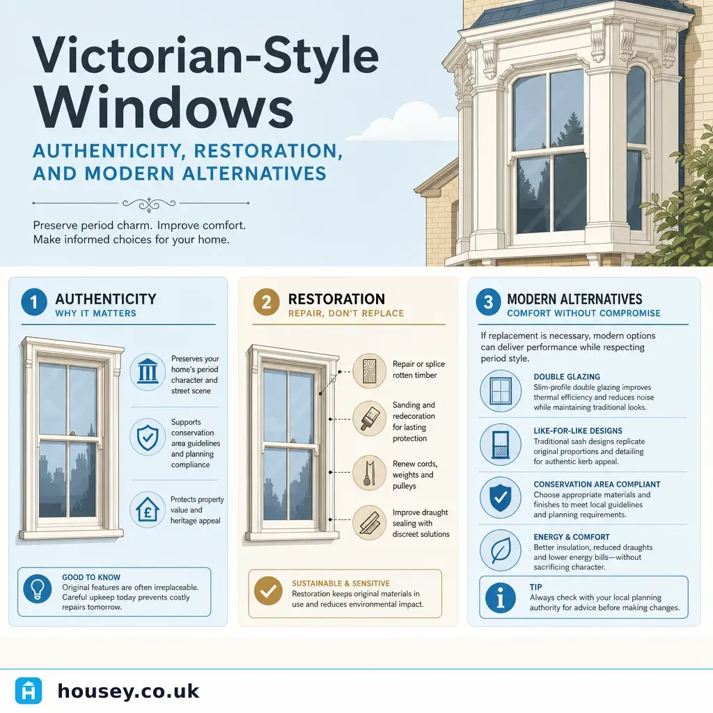 Infographic illustrating: Victorian-Style Windows: Authenticity, Restoration, and Modern Alternatives