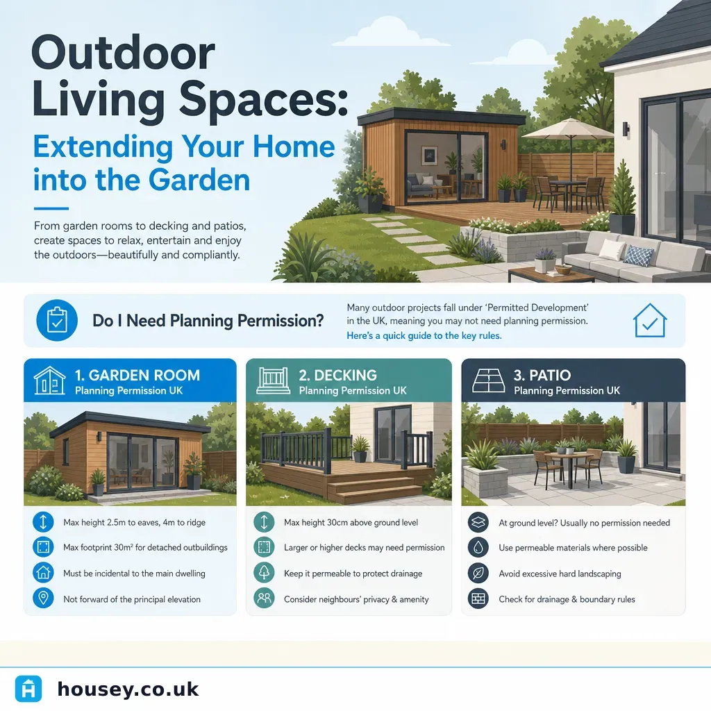 Infographic illustrating: Outdoor Living Spaces: Extending Your Home into the Garden