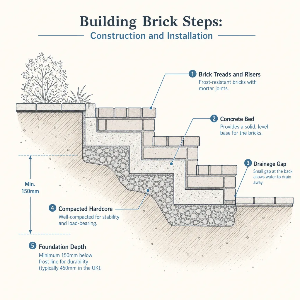 Diagram illustrating: Building Brick Steps: Construction and Installation