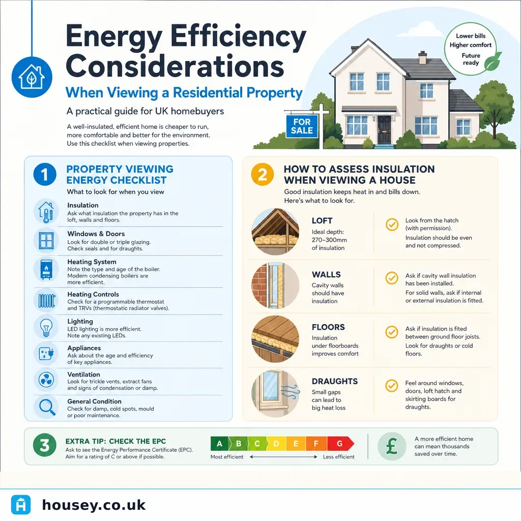 Infographic illustrating: Energy Efficiency Considerations When Viewing a Residential Property