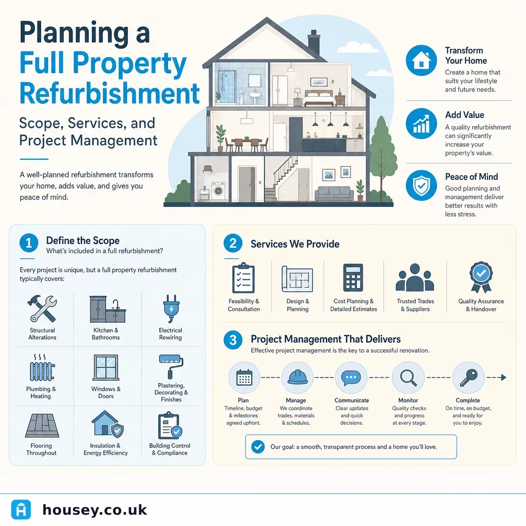 Infographic illustrating: Planning a Full Property Refurbishment: Scope, Services, and Project Management
