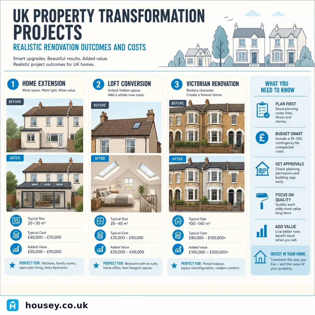 Infographic illustrating: UK Property Transformation Projects: Realistic Renovation Outcomes and Costs