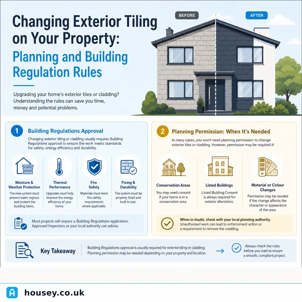 Infographic illustrating: Changing Exterior Tiling on Your Property: Planning and Building Regulation Rules