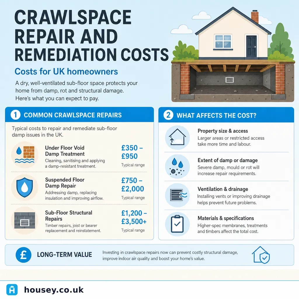 Infographic illustrating: Crawlspace Repair and Remediation Costs