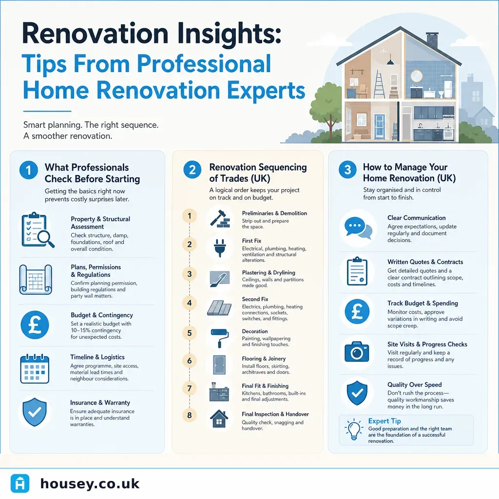 Infographic illustrating: Renovation Insights: Tips From Professional Home Renovation Experts