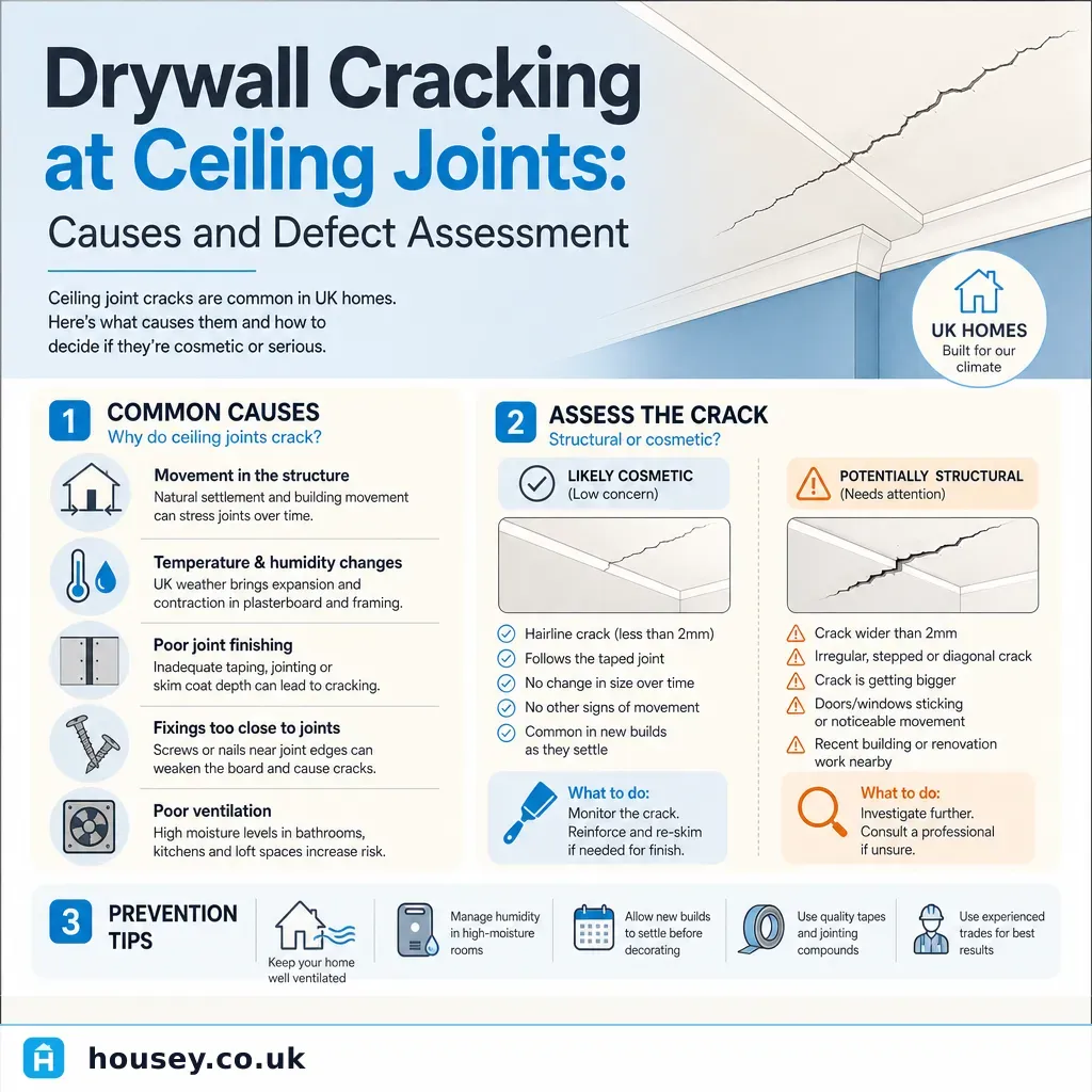 Infographic illustrating: Drywall Cracking at Ceiling Joints: Causes and Defect Assessment