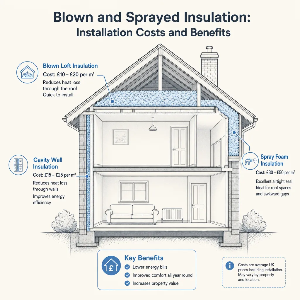 Diagram illustrating: Blown and Sprayed Insulation: Installation Costs and Benefits