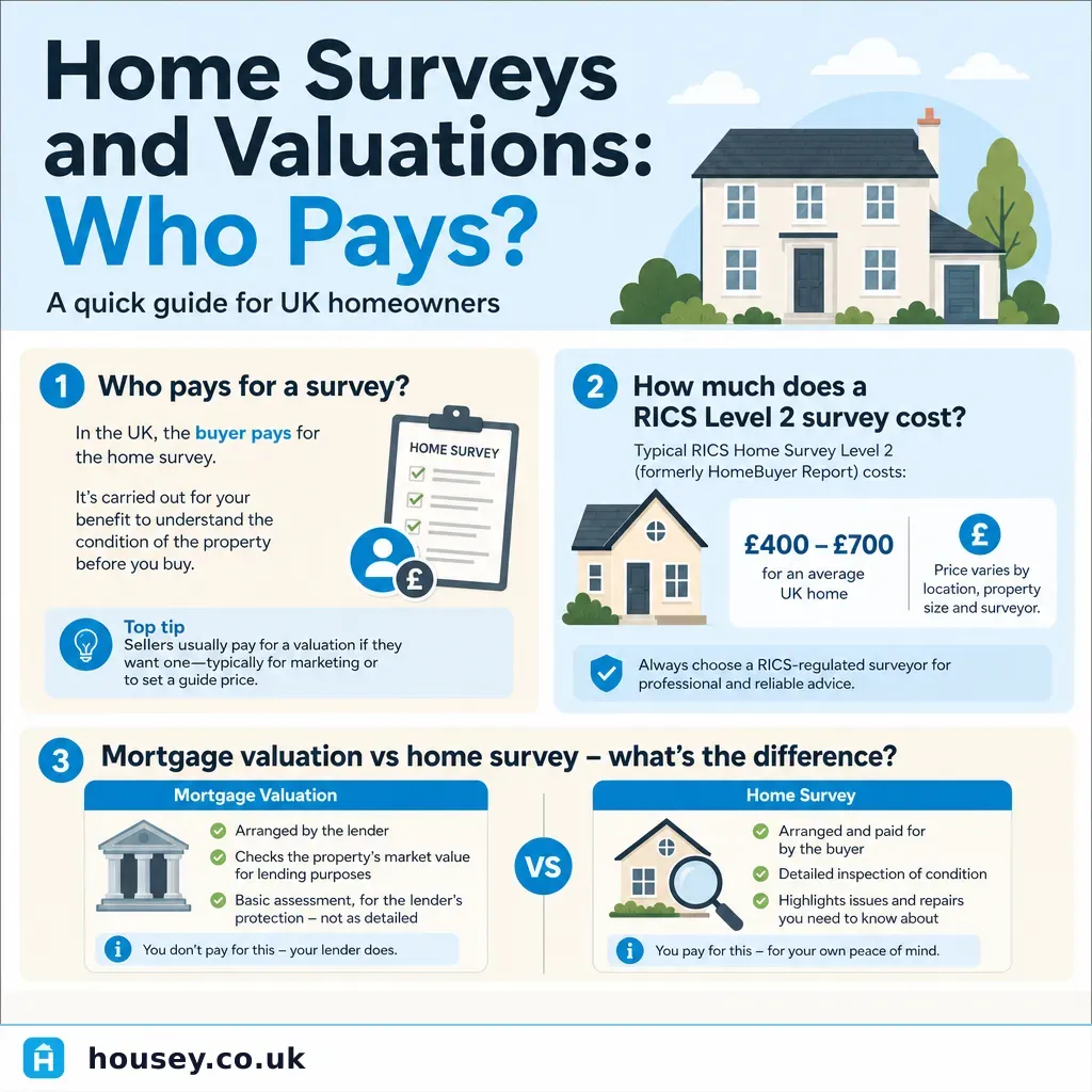 Infographic illustrating: Home Surveys and Valuations: Who Pays?