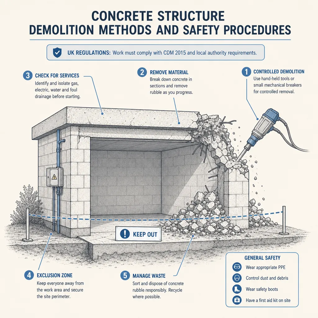 Diagram illustrating: Concrete Structure Demolition Methods and Safety Procedures