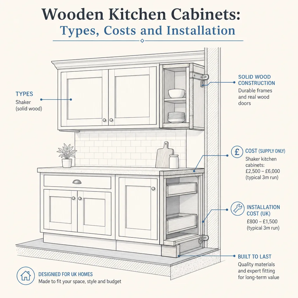 Diagram illustrating: Wooden kitchen cabinets: types, costs and installation