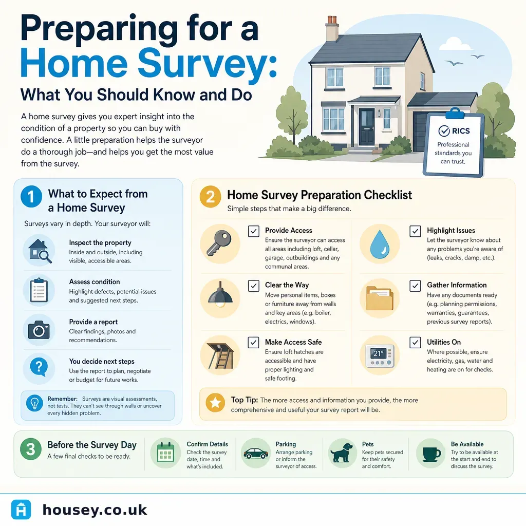 Infographic illustrating: Preparing for a Home Survey: What You Should Know and Do