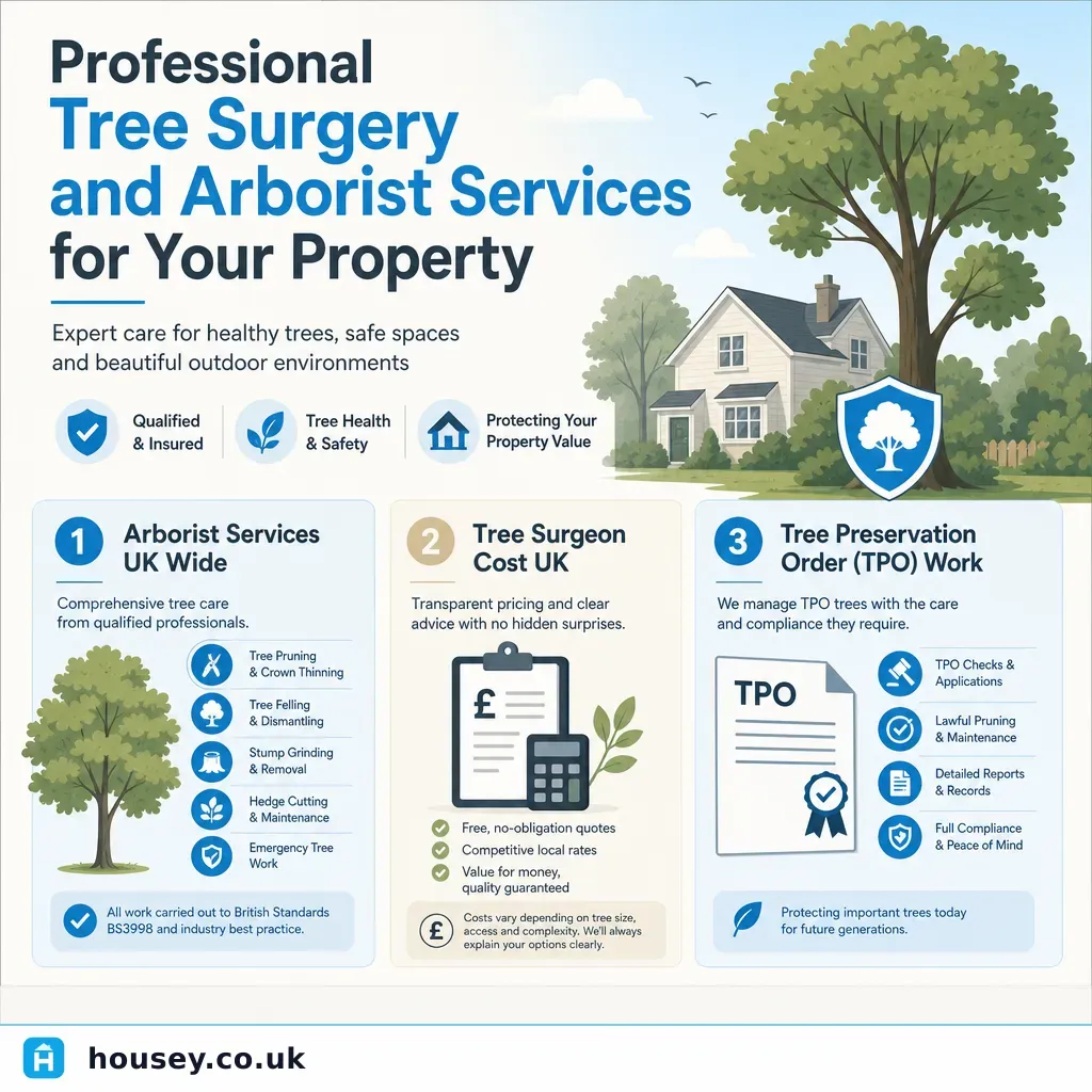 Infographic illustrating: Professional Tree Surgery and Arborist Services for Your Property