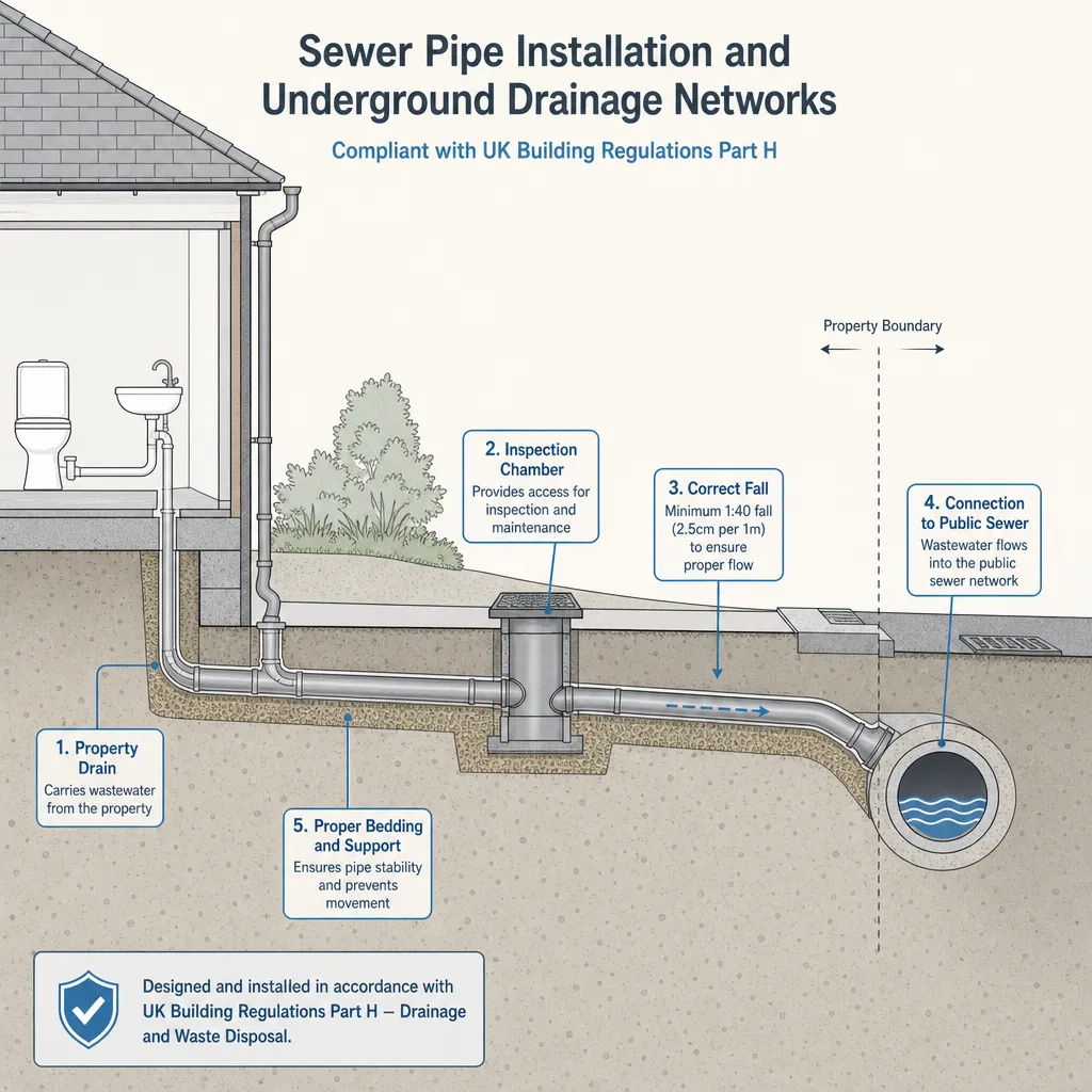 Diagram illustrating: Sewer Pipe Installation and Underground Drainage Networks