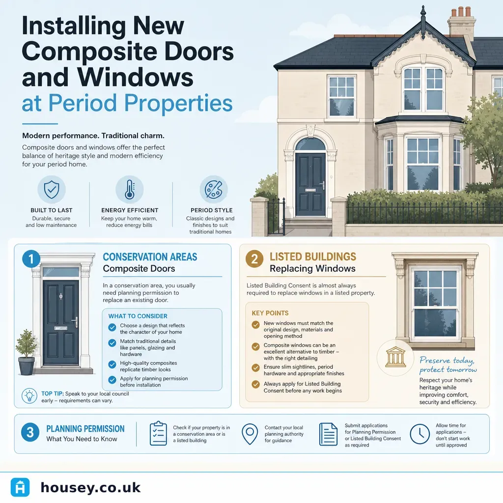 Infographic illustrating: Installing New Composite Doors and Windows at Period Properties