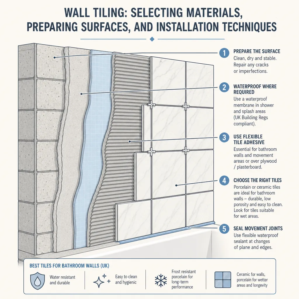 Diagram illustrating: Wall Tiling: Selecting Materials, Preparing Surfaces, and Installation Techniques