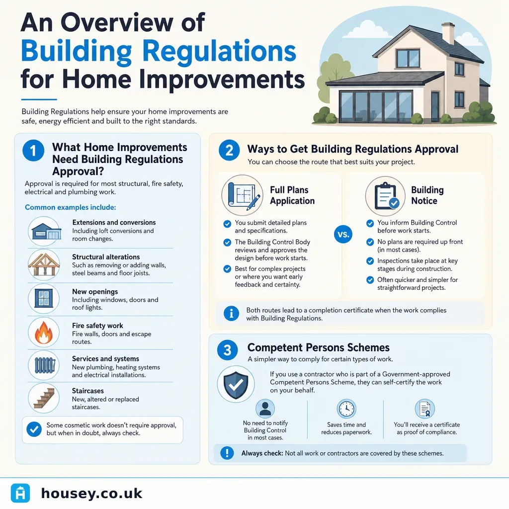 Infographic illustrating: An Overview of Building Regulations for Home Improvements