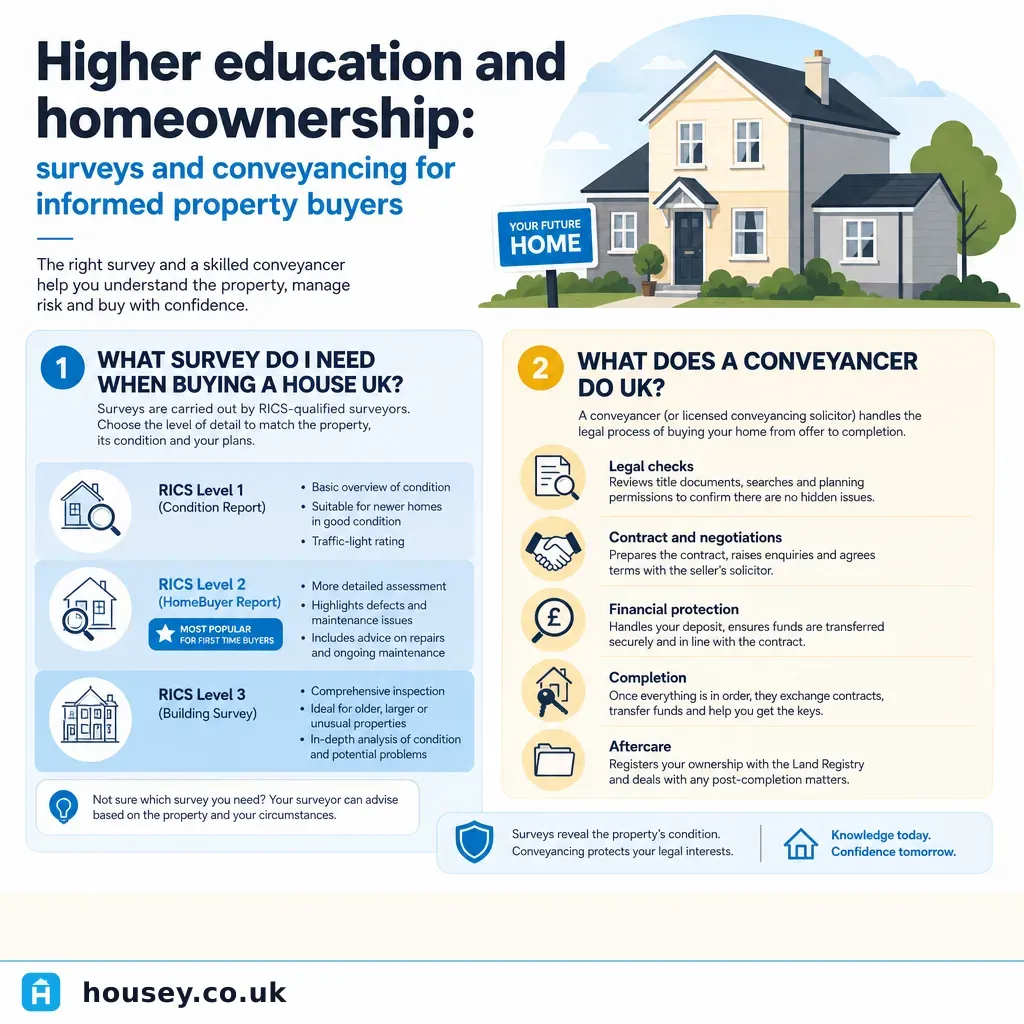 Infographic illustrating: Higher education and homeownership: surveys and conveyancing for informed property buyers