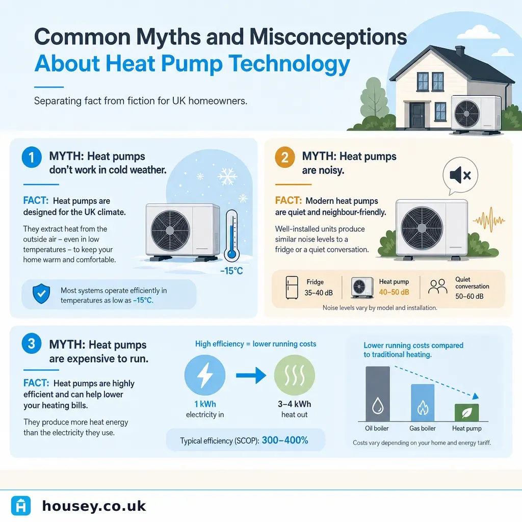 Infographic illustrating: Common Myths and Misconceptions About Heat Pump Technology