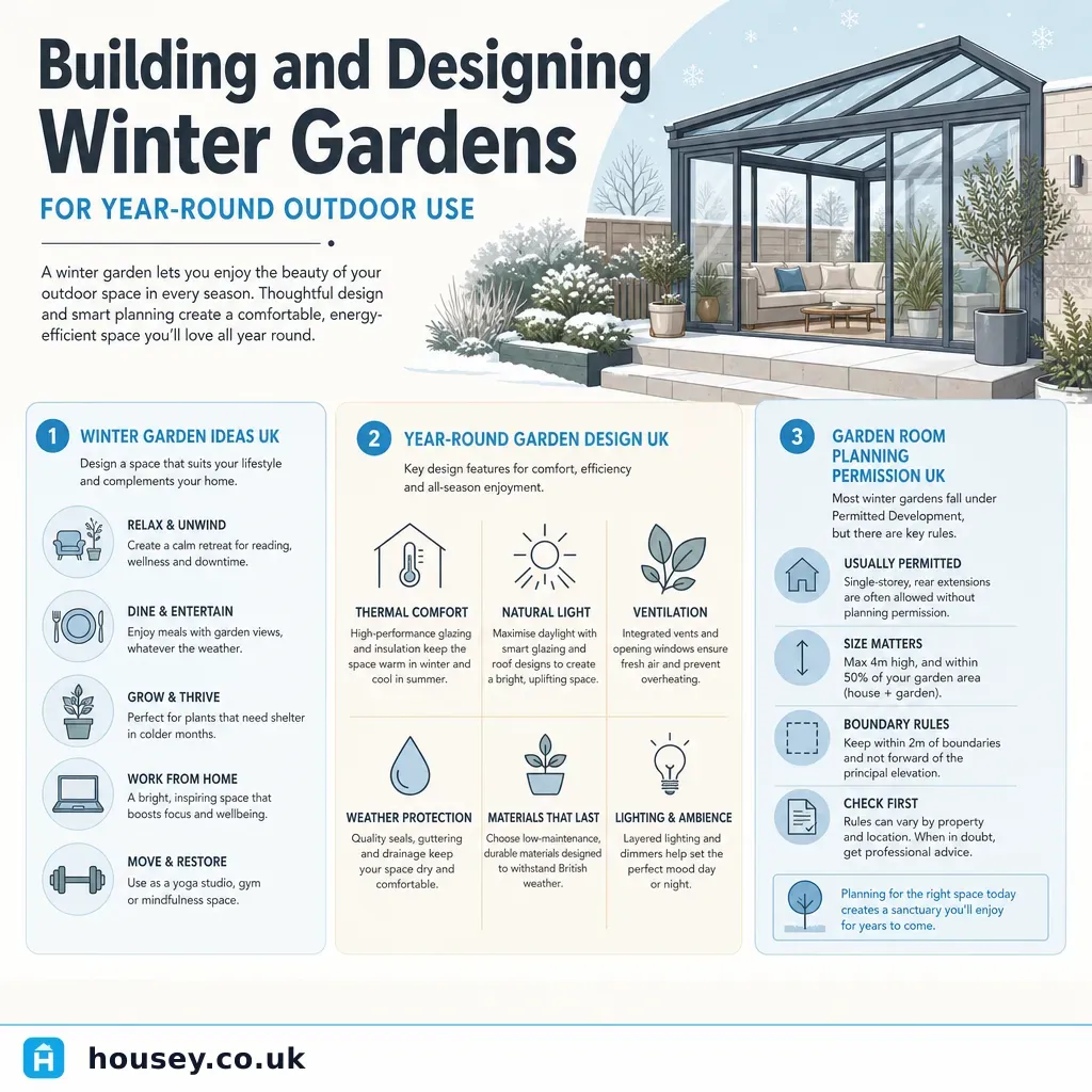 Infographic illustrating: Building and Designing Winter Gardens for Year-Round Outdoor Use