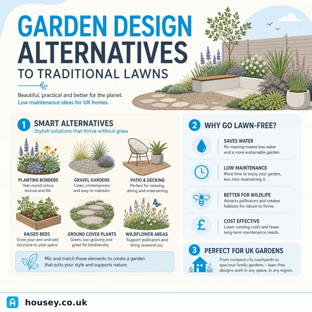 Infographic illustrating: Garden Design Alternatives to Traditional Lawns