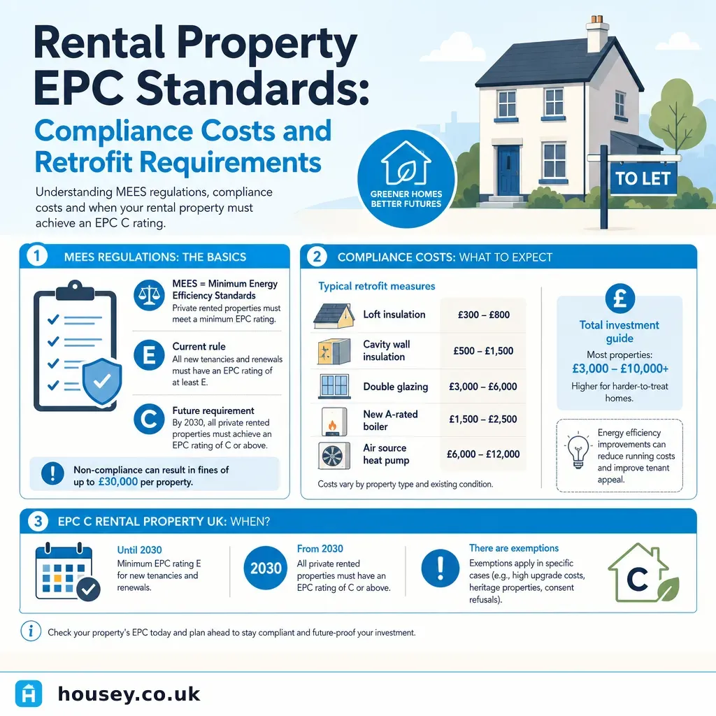Infographic illustrating: Rental Property EPC Standards: Compliance Costs and Retrofit Requirements