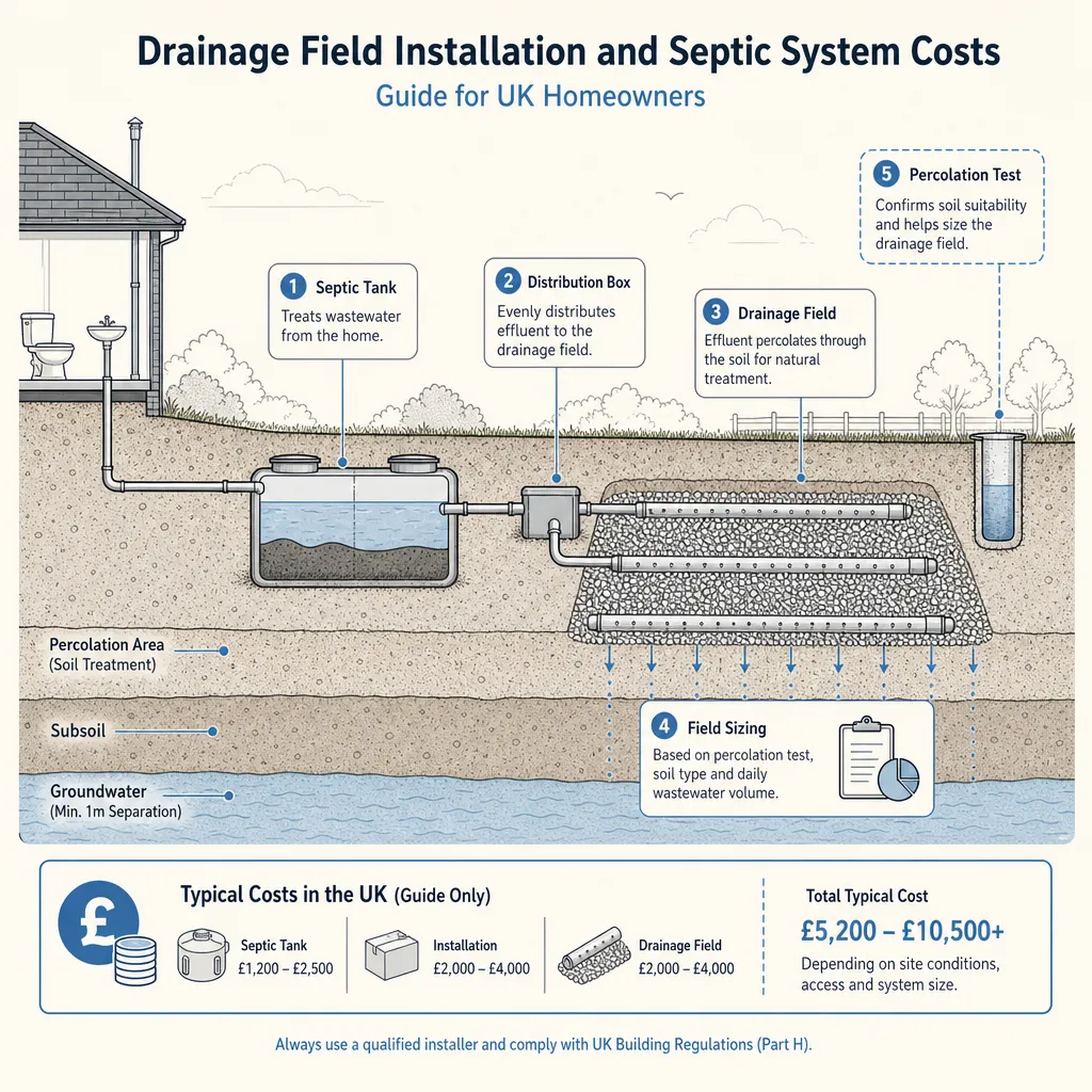 Diagram illustrating: Drainage Field Installation and Septic System Costs