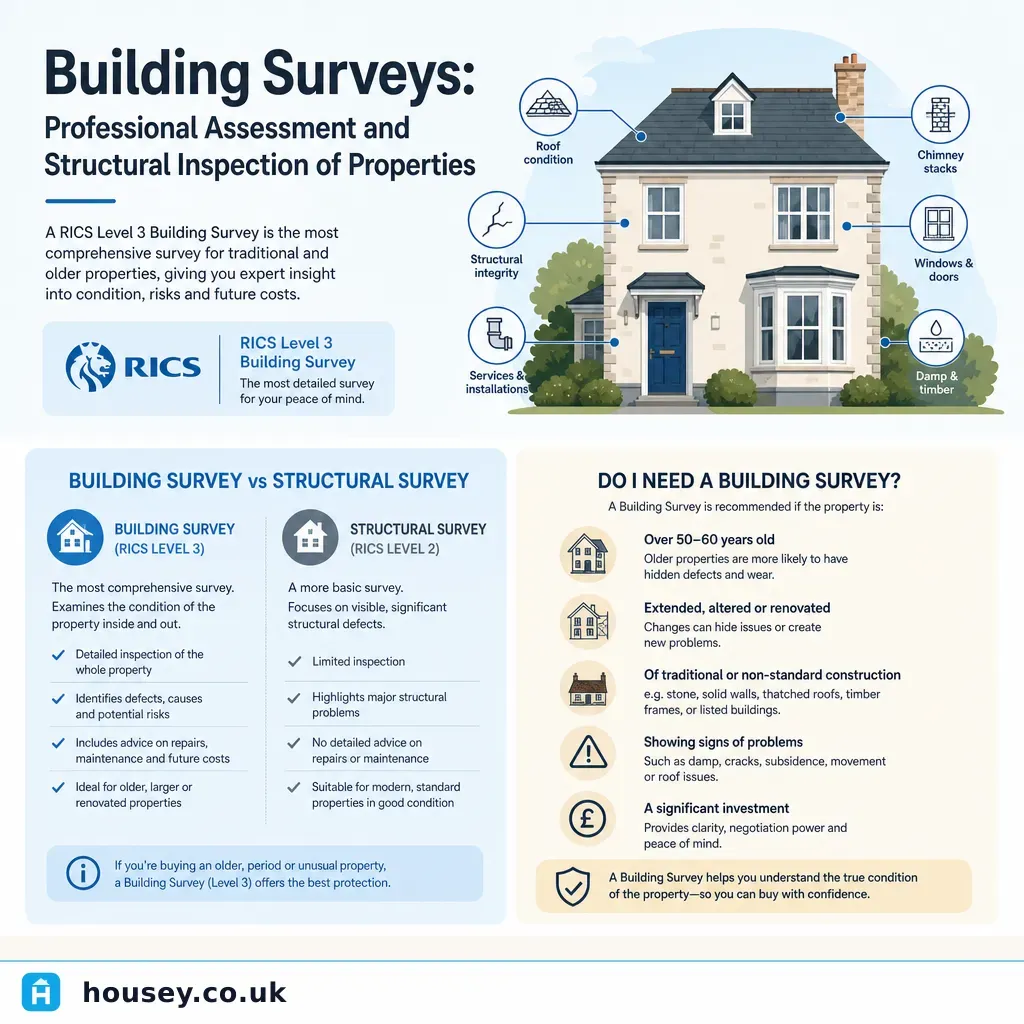 Infographic illustrating: Building Surveys: Professional Assessment and Structural Inspection of Properties