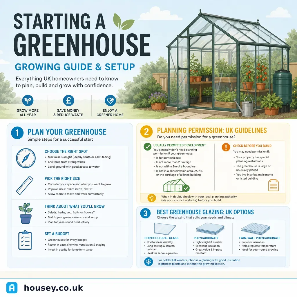 Infographic illustrating: Starting a Greenhouse: Growing Guide and Setup