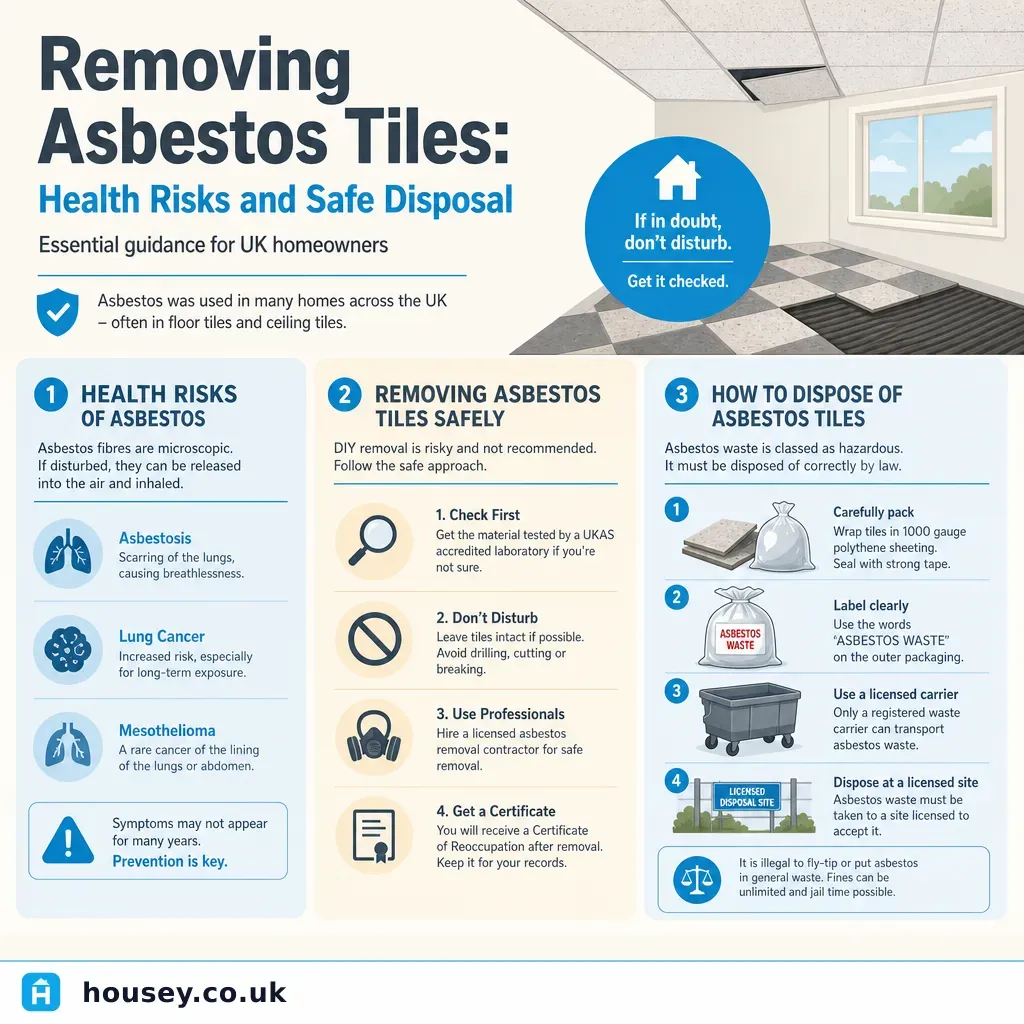 Infographic illustrating: Removing Asbestos Tiles: Health Risks and Safe Disposal