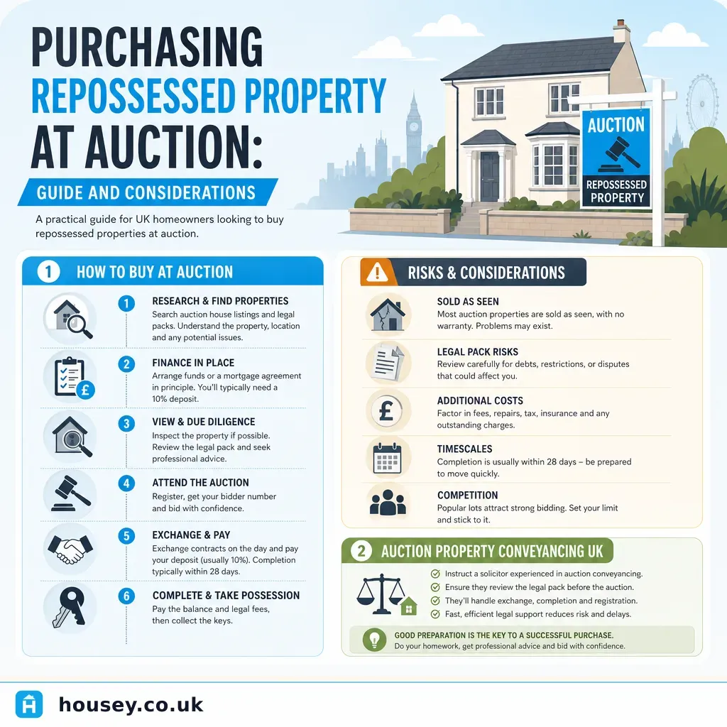 Infographic illustrating: Purchasing Repossessed Property at Auction: Guide and Considerations