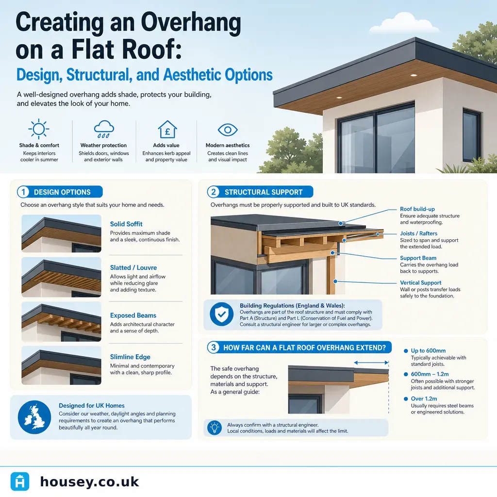 Infographic illustrating: Creating an Overhang on a Flat Roof: Design, Structural, and Aesthetic Options