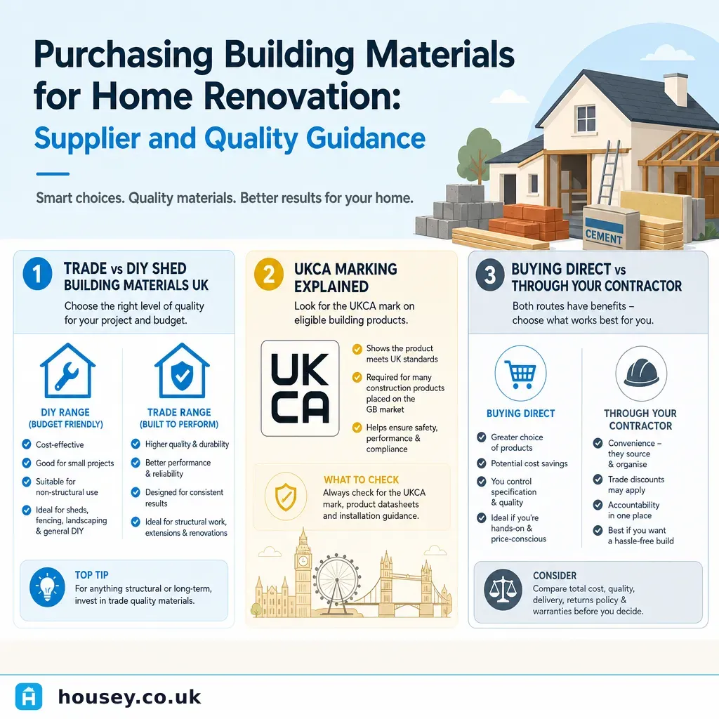 Infographic illustrating: Purchasing Building Materials for Home Renovation: Supplier and Quality Guidance