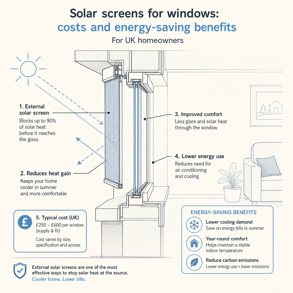 Diagram illustrating: Solar screens for windows: costs and energy-saving benefits