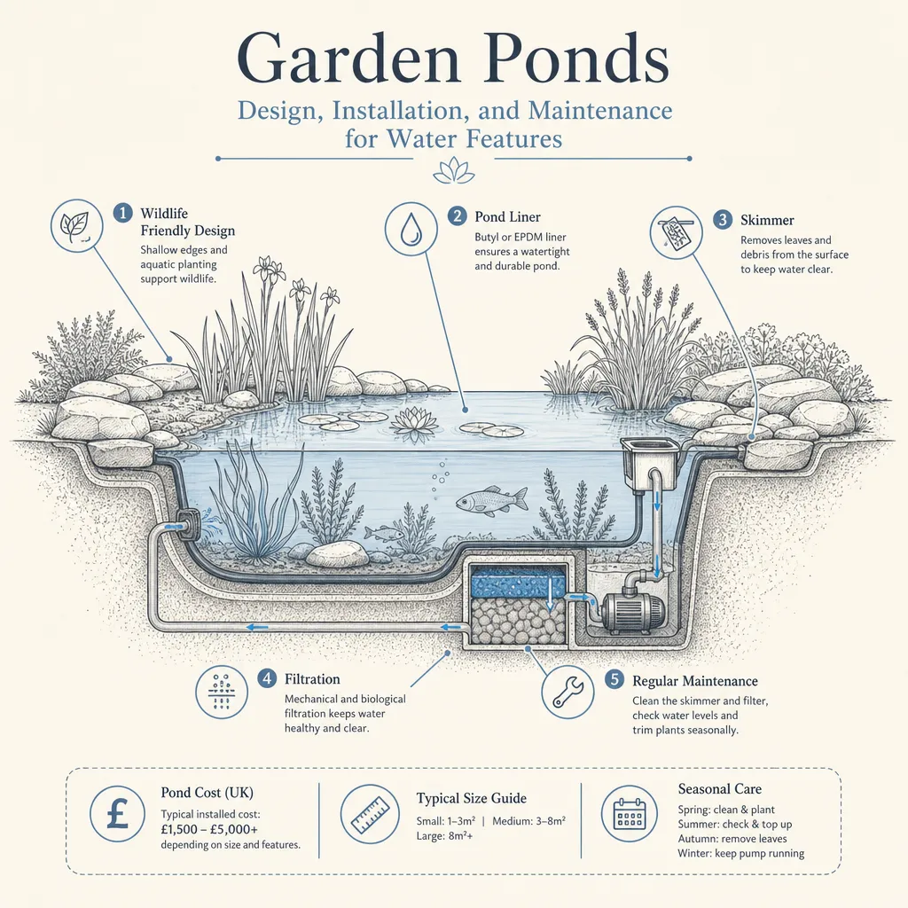 Diagram illustrating: Garden Ponds: Design, Installation, and Maintenance for Water Features