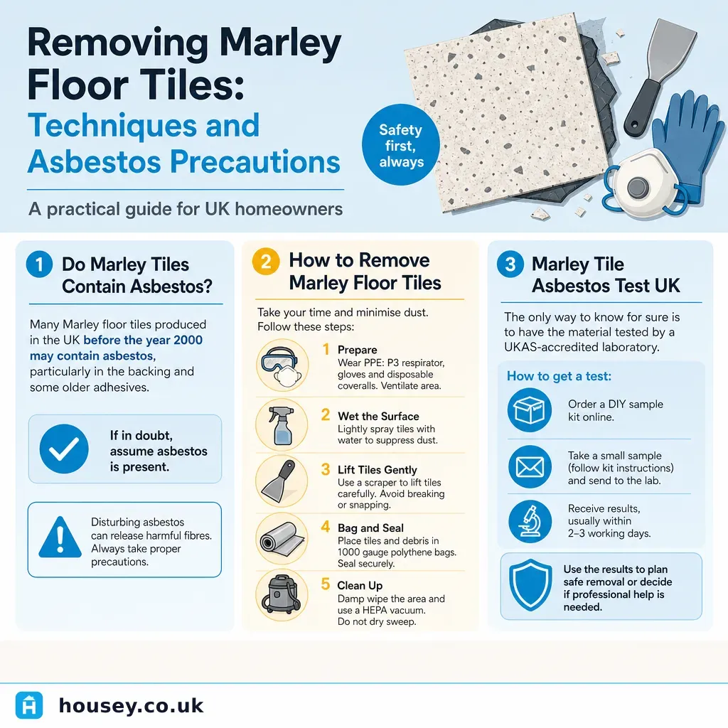 Infographic illustrating: Removing Marley Floor Tiles: Techniques and Asbestos Precautions