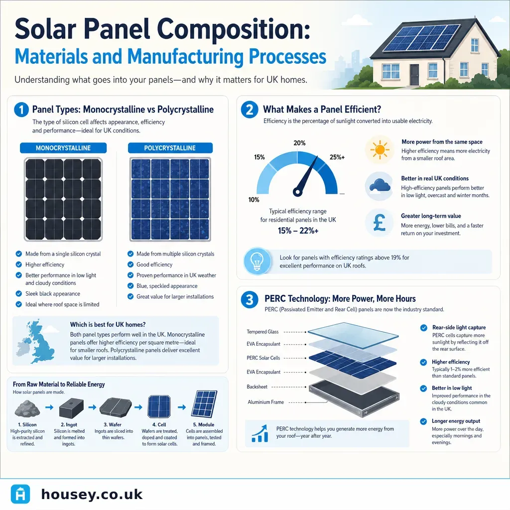 Infographic illustrating: Solar Panel Composition: Materials and Manufacturing Processes