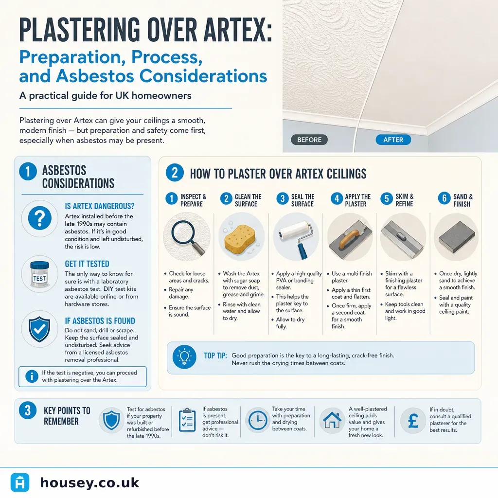 Infographic illustrating: Plastering Over Artex: Preparation, Process, and Asbestos Considerations