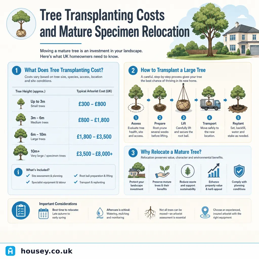 Infographic illustrating: Tree Transplanting Costs and Mature Specimen Relocation