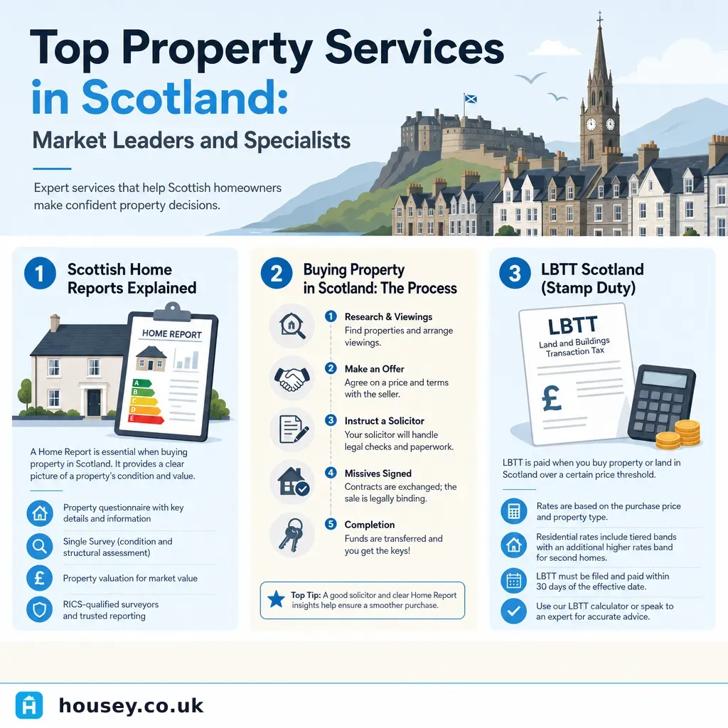 Infographic illustrating: Top Property Services in Scotland: Market Leaders and Specialists
