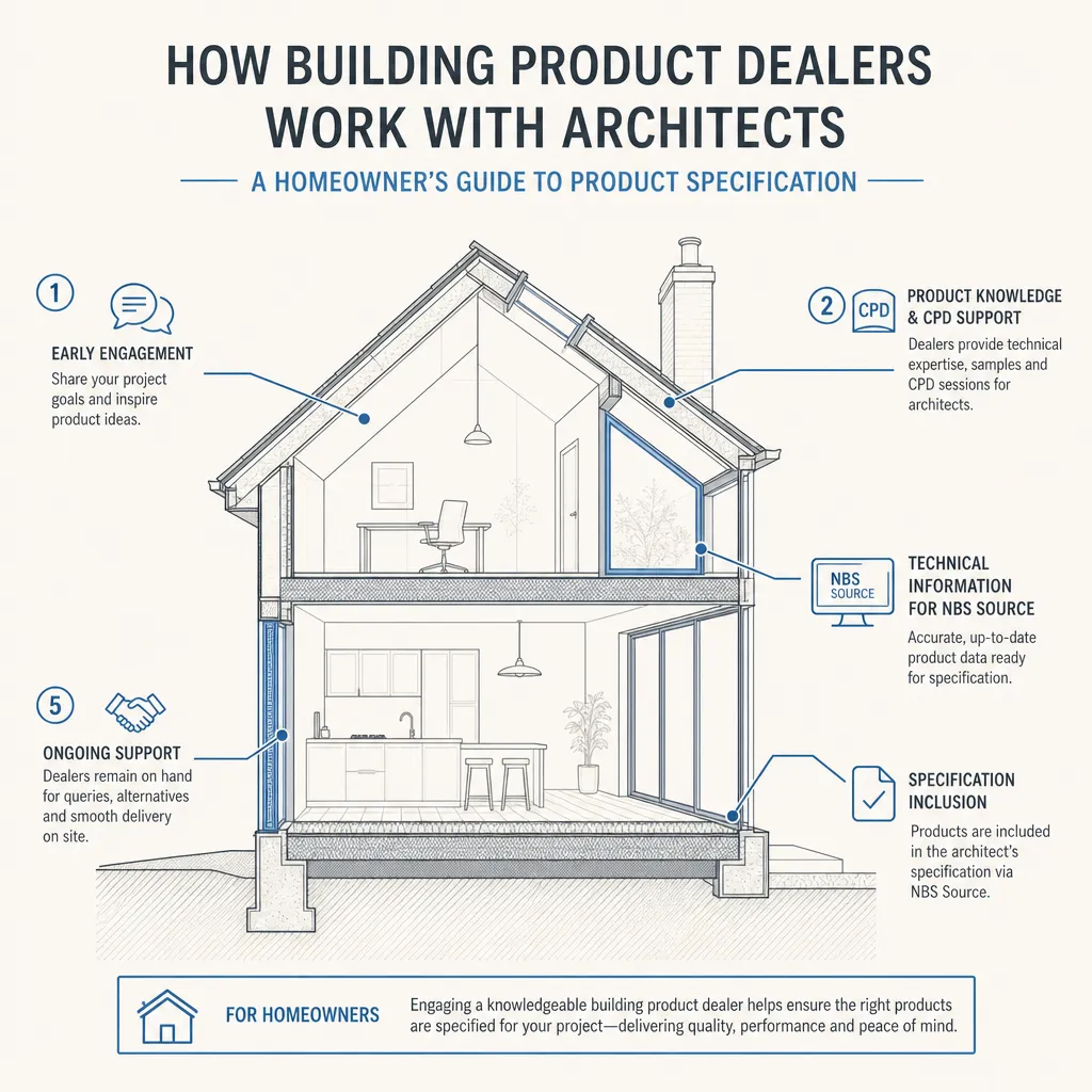 Diagram illustrating: How Building Product Dealers Work with Architects: A Homeowner's Guide to Product Specification